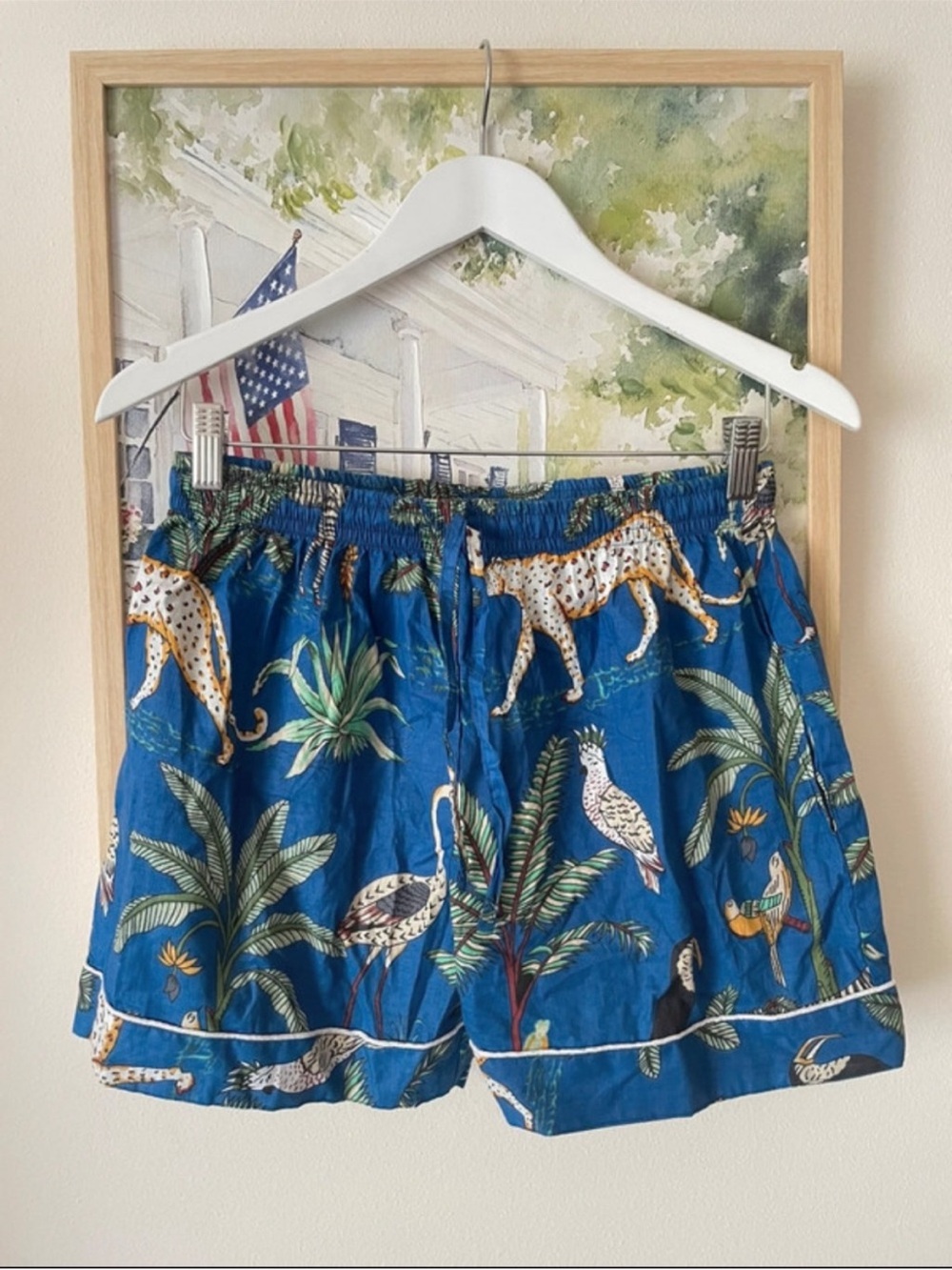 Block Print India Jungle Safari Blue Printed Pull-On Pajama Lounge Shorts S/M